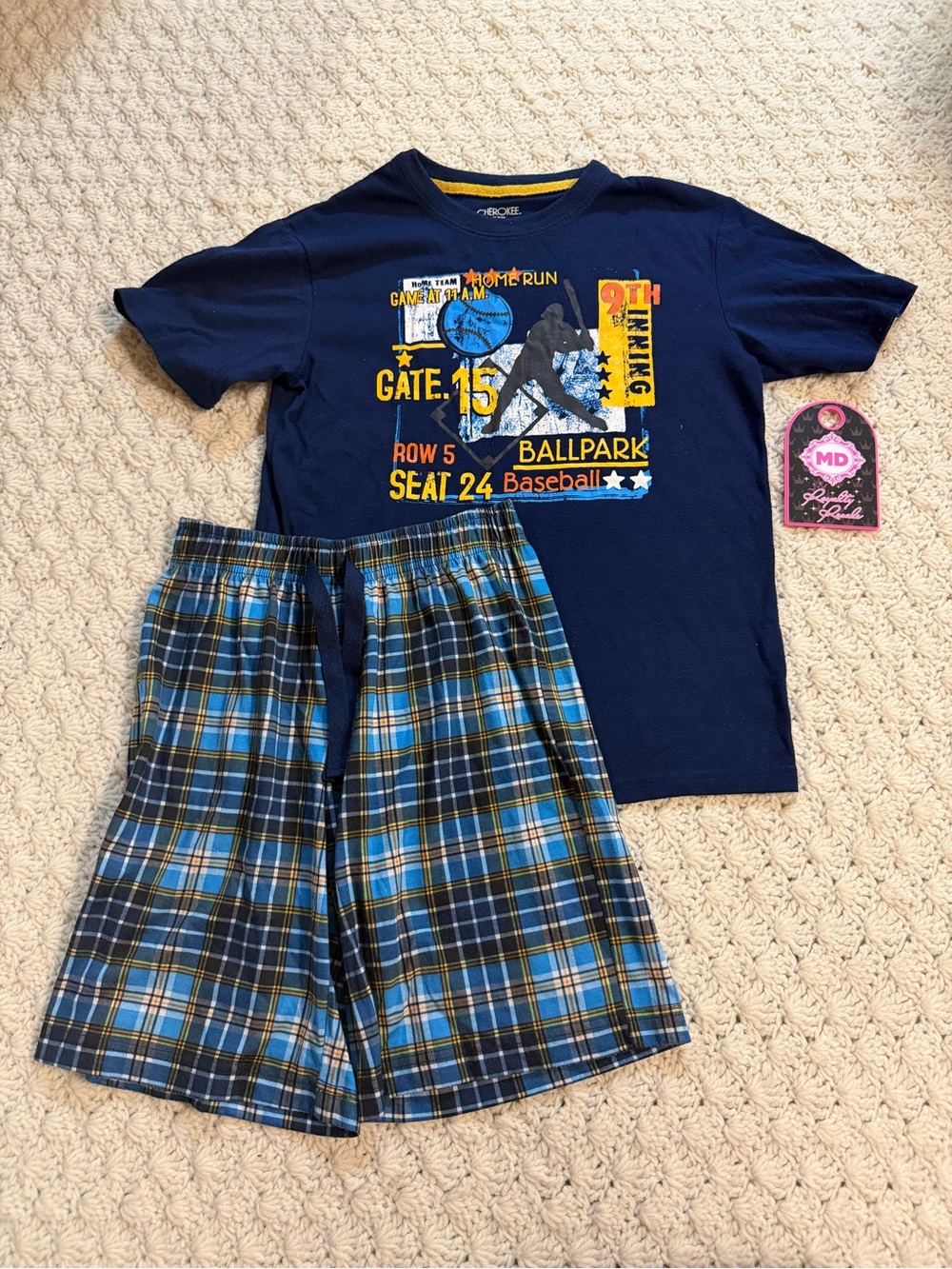 Cherokee Navy Blue Baseball Graphic Pajama Set with Blue Plaid Shorts